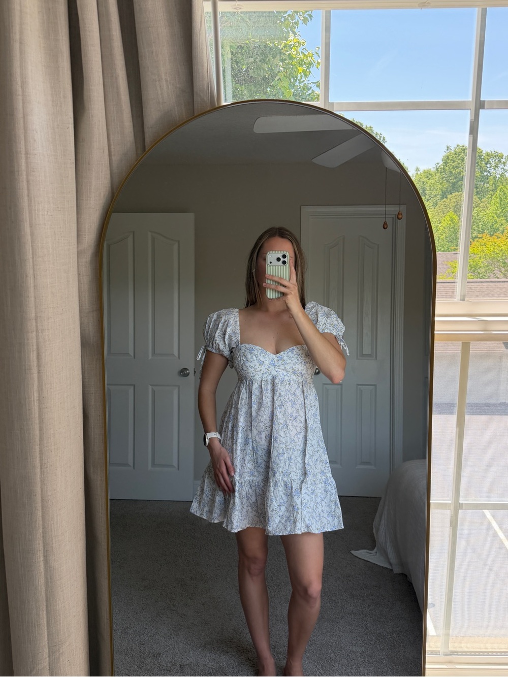 Olivaceous Light Blue Floral Puff-Sleeve Mini Dress